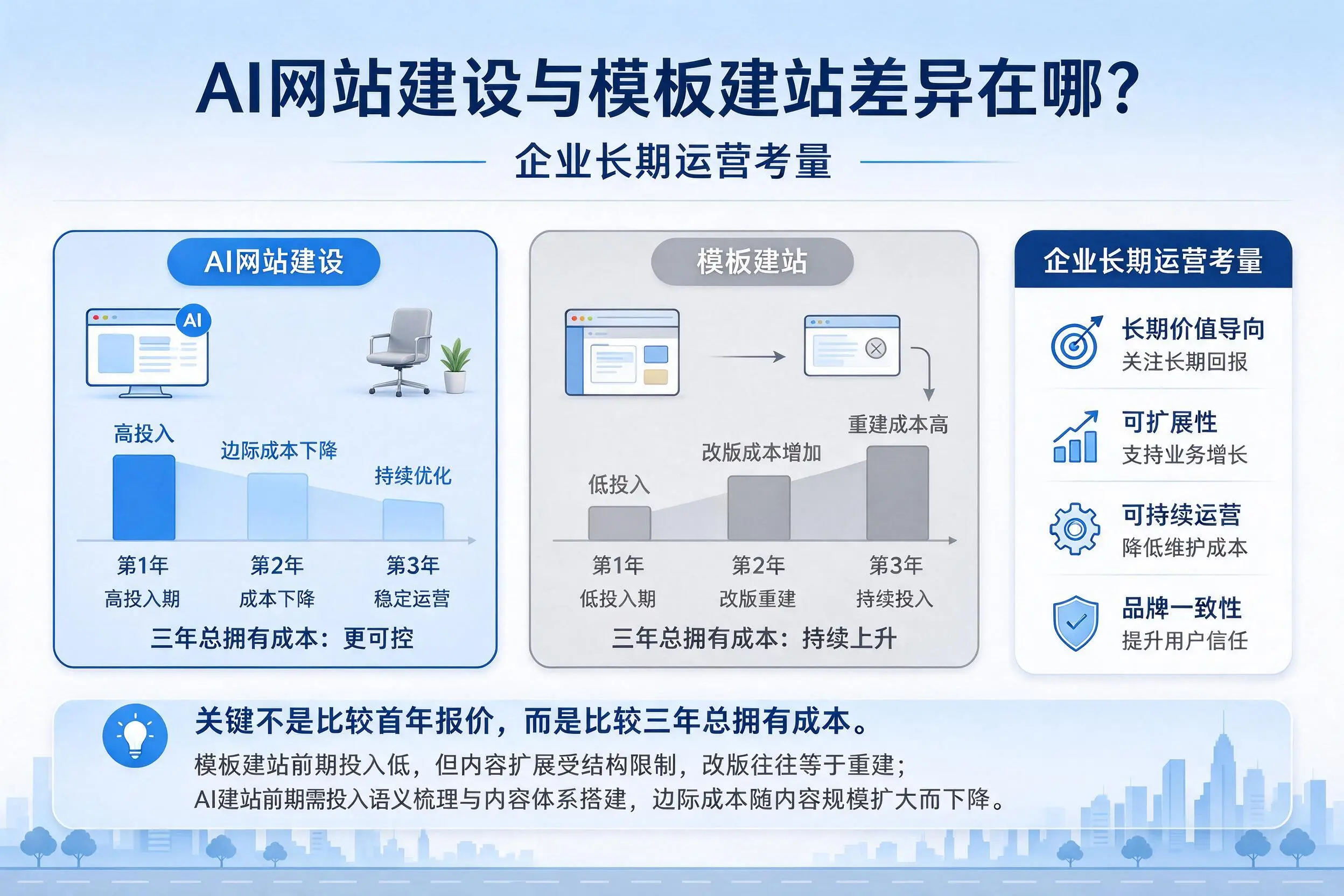 AI网站建设与模板建站差异在哪?永州企业长期运营考量